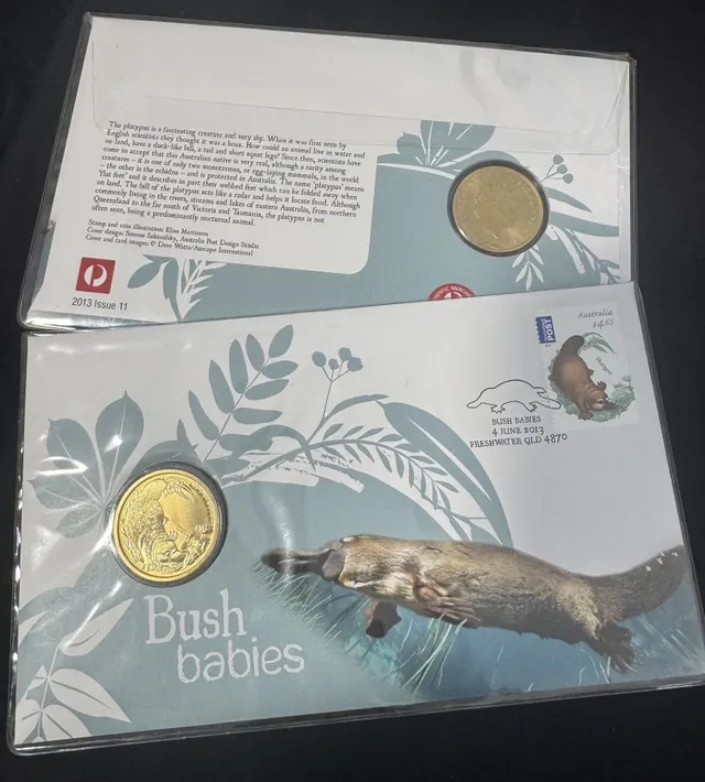 2013 Bush Babies Platypus Stamp & $1 UNC Coin Cover – PNC