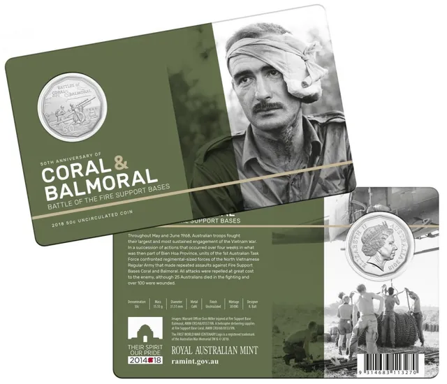2018 50c 50th Anniversary of Coral & Balmoral Coin in Card