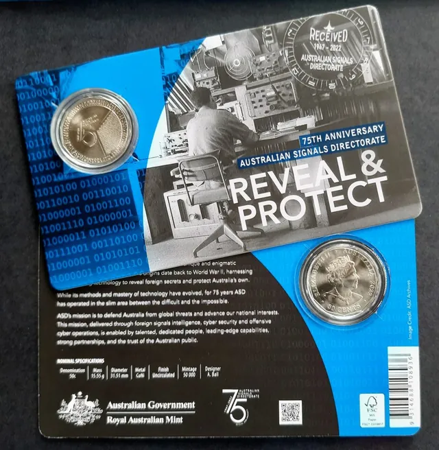 2022 50c Australian Signals Directorate 75th Anniversary Coin & Card