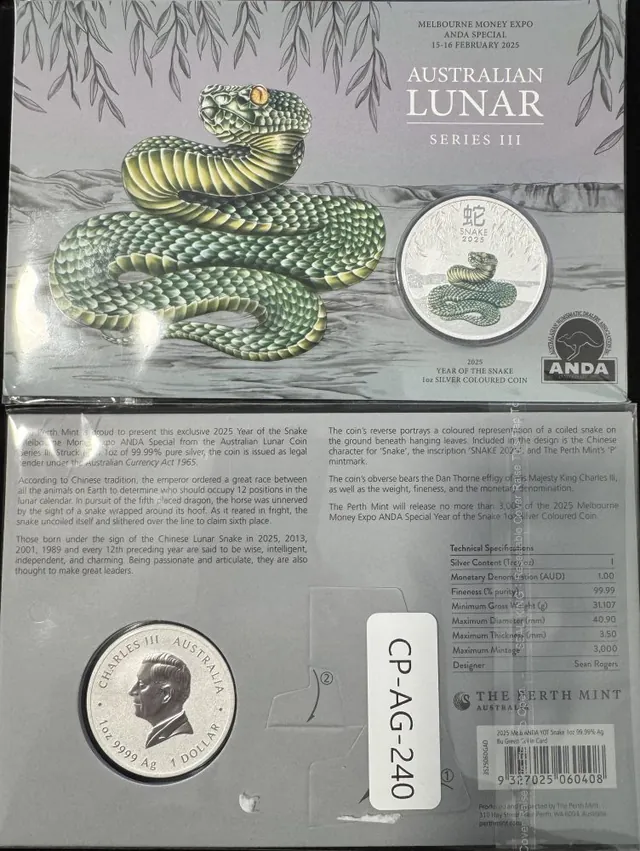 2025 Year of the Snake 1oz Silver colour coin in card Melbourne Money Expo ANDA
