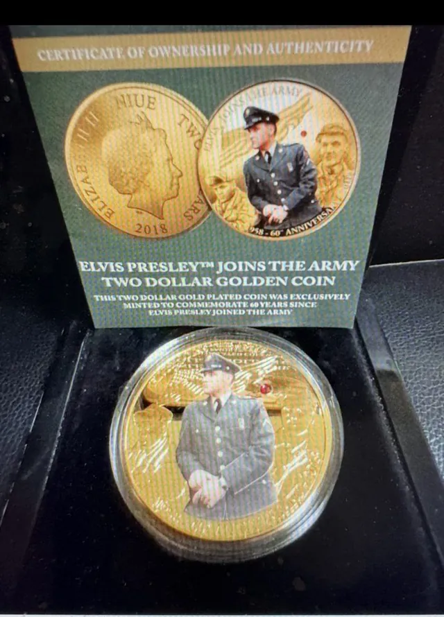 The 2018 Niue Elvis Presley “Joins The Army” gold-plated coin is a 2-dollar commemorative piece celebrating the 60th anniversary of Elvis’s induction